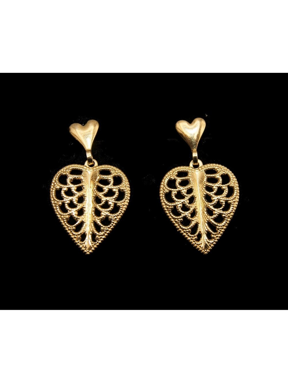 Vintage Gold Tone Dangle Heart Earrings with Post Backs for Pierced Ears.